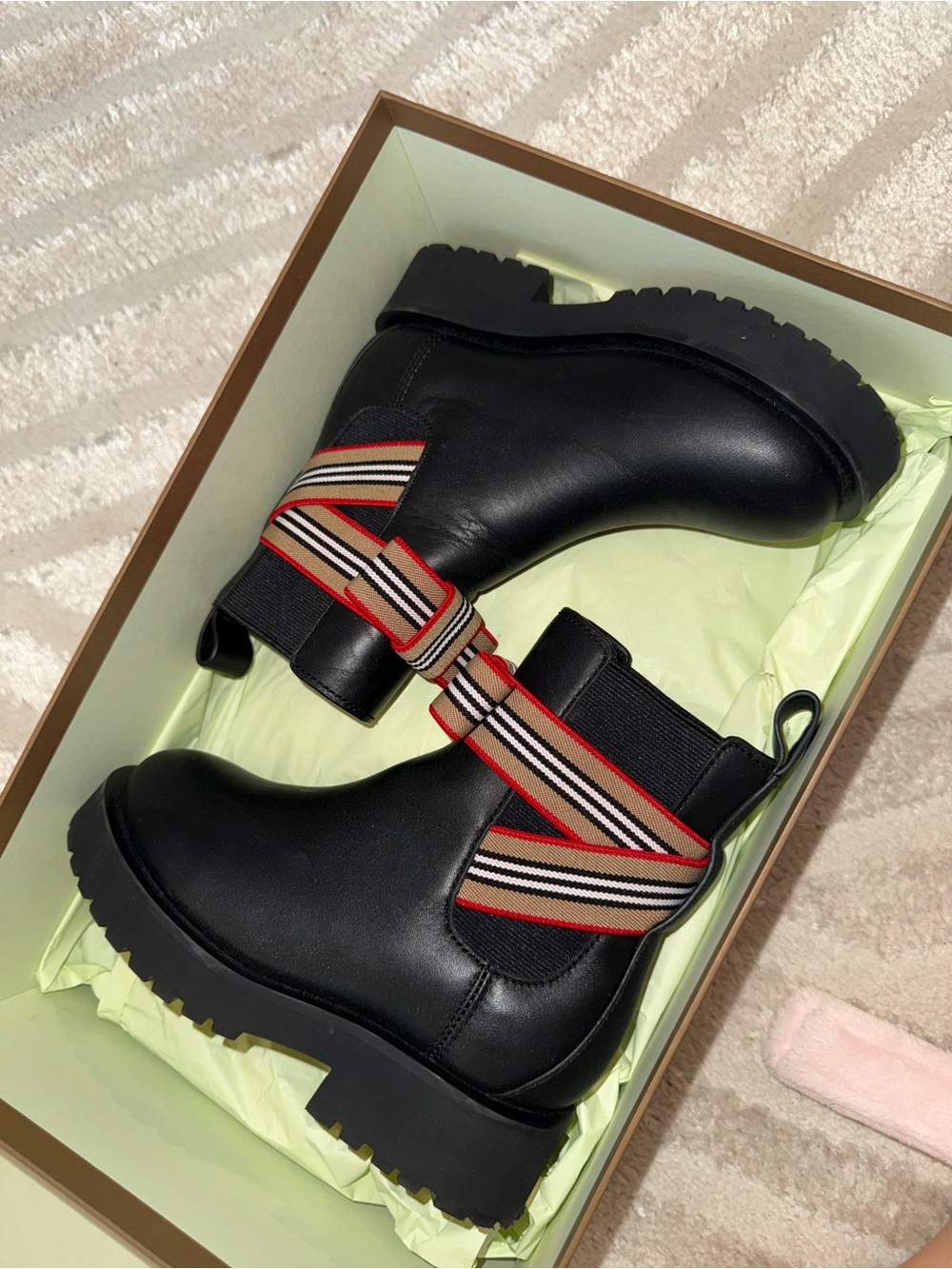Kids Black Burberry Chelsea Boots with Red-Striped Elastic Strap